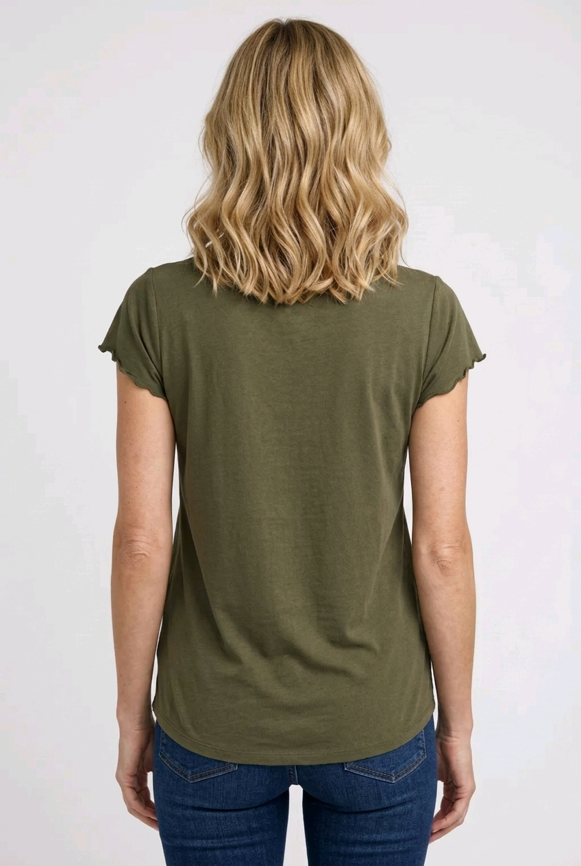 Person wearing an olive green t-shirt back view