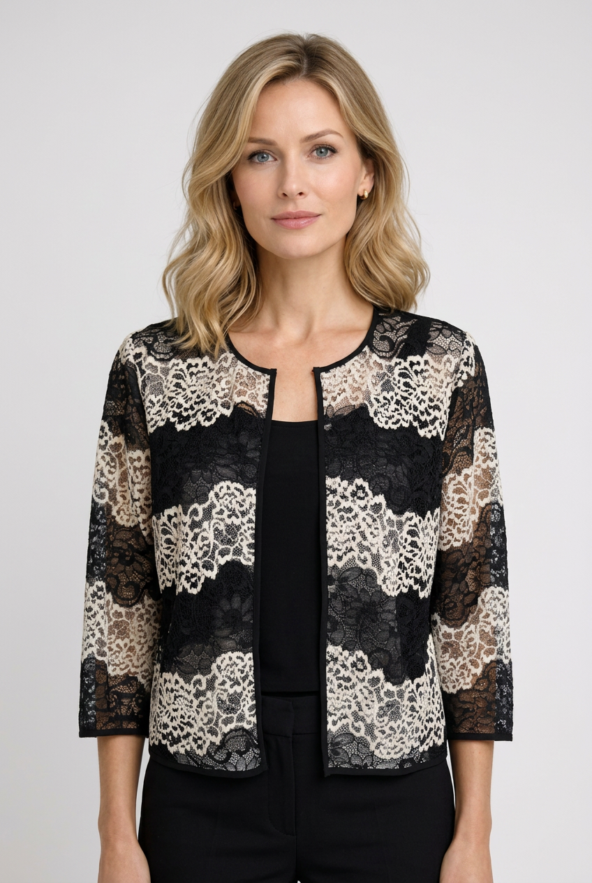 Woman wearing a black lace jacket 