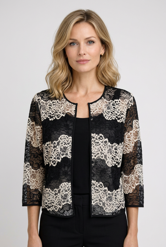 Woman wearing a black lace jacket 
