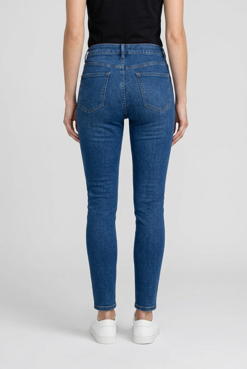 Blue jeans worn by a woman on a light gray background
