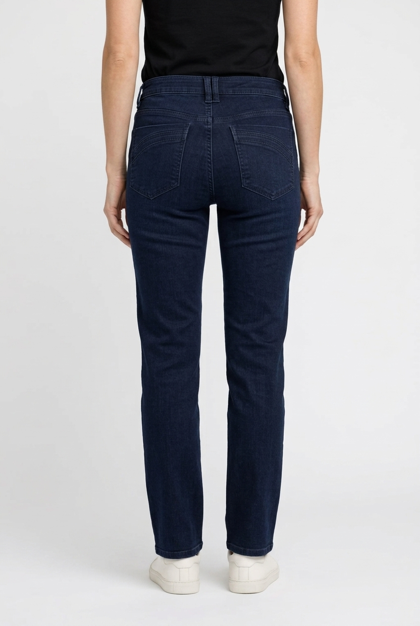 women wearing dark blue jeans on a white background