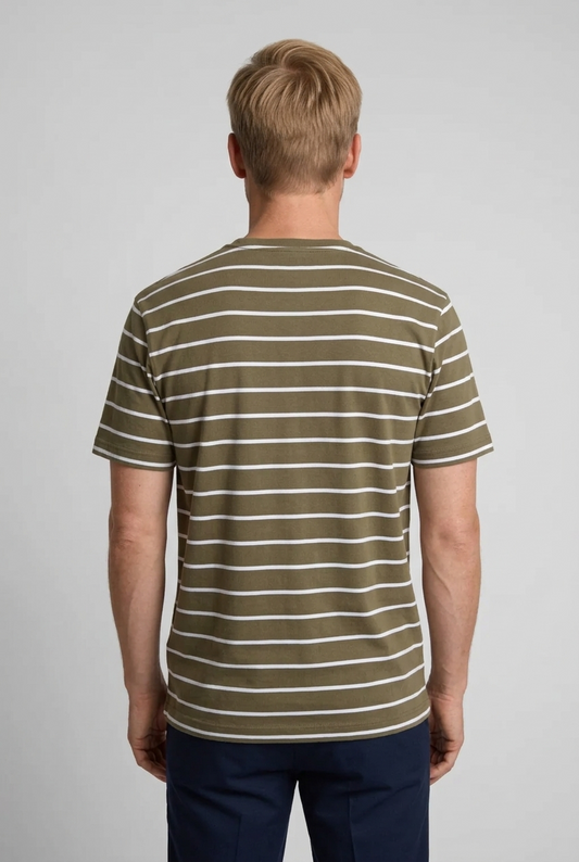 Man wearing a green and white striped t-shirt 