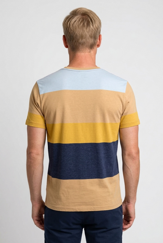 Man wearing a striped t-shirt with blue, yellow, and beige colours