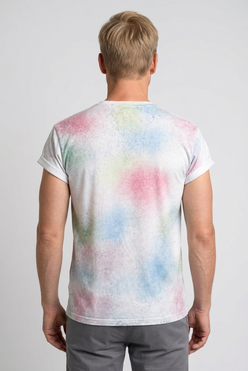 Person wearing a white t-shirt with colorful abstract design 