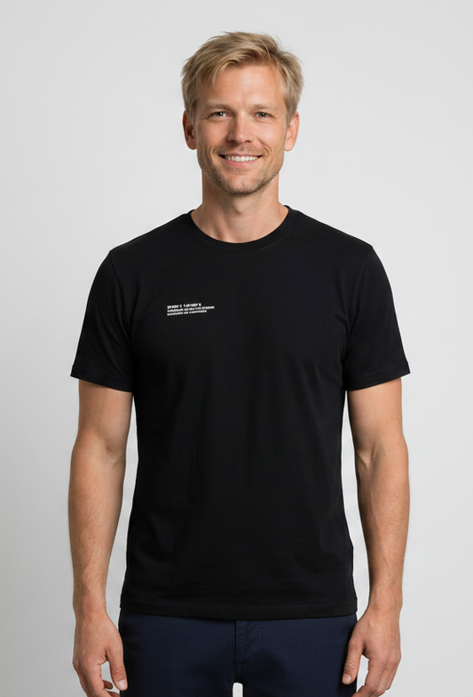 Man wearing a black t-shirt with text 
