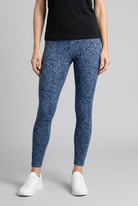 Blue abstract print leggings pattern close-up front view size M