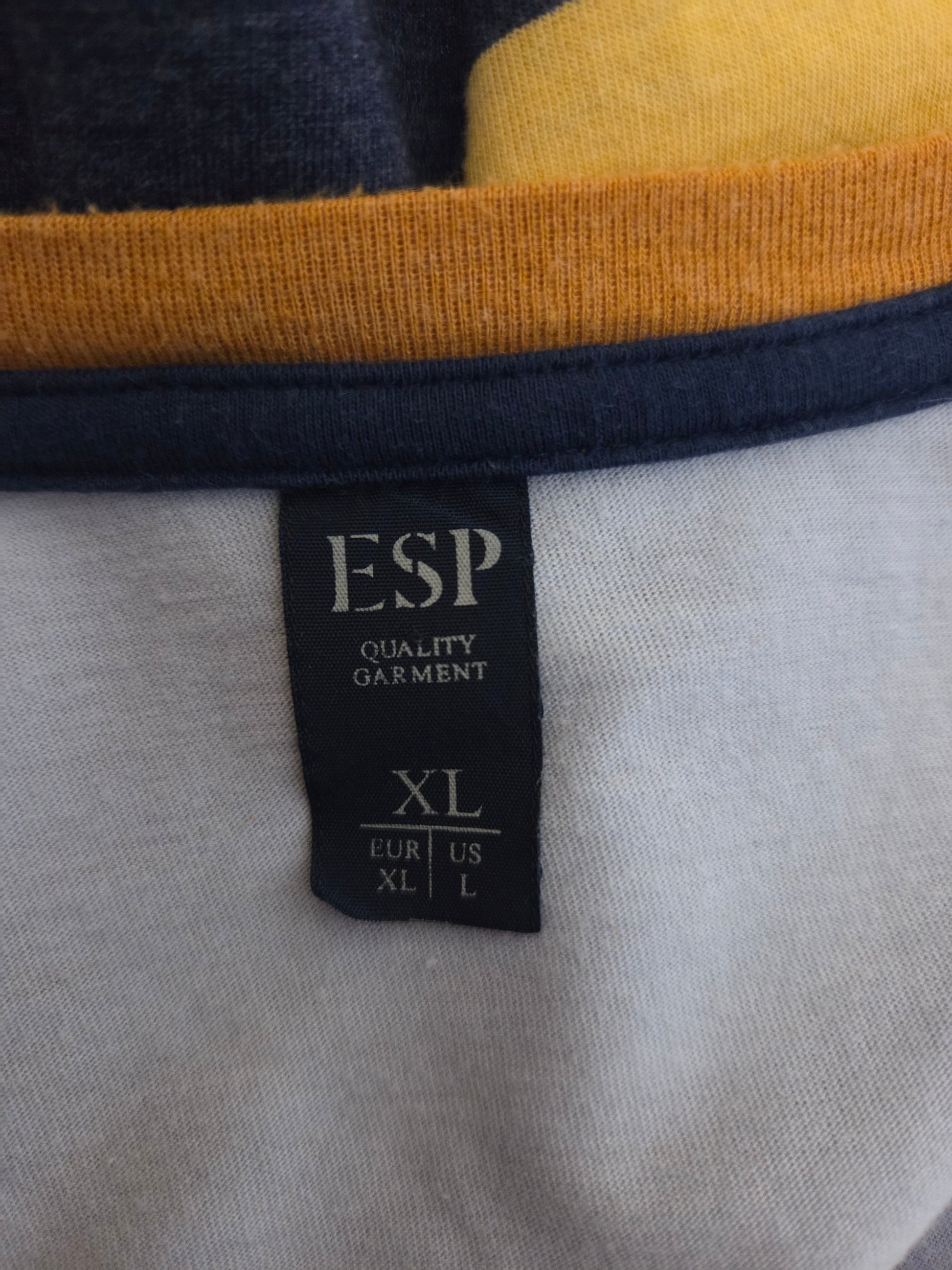 Close-up of an ESP label on a garment with a multicoloured background