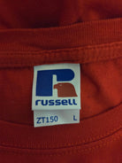 Close-up of a Russell brand size label 