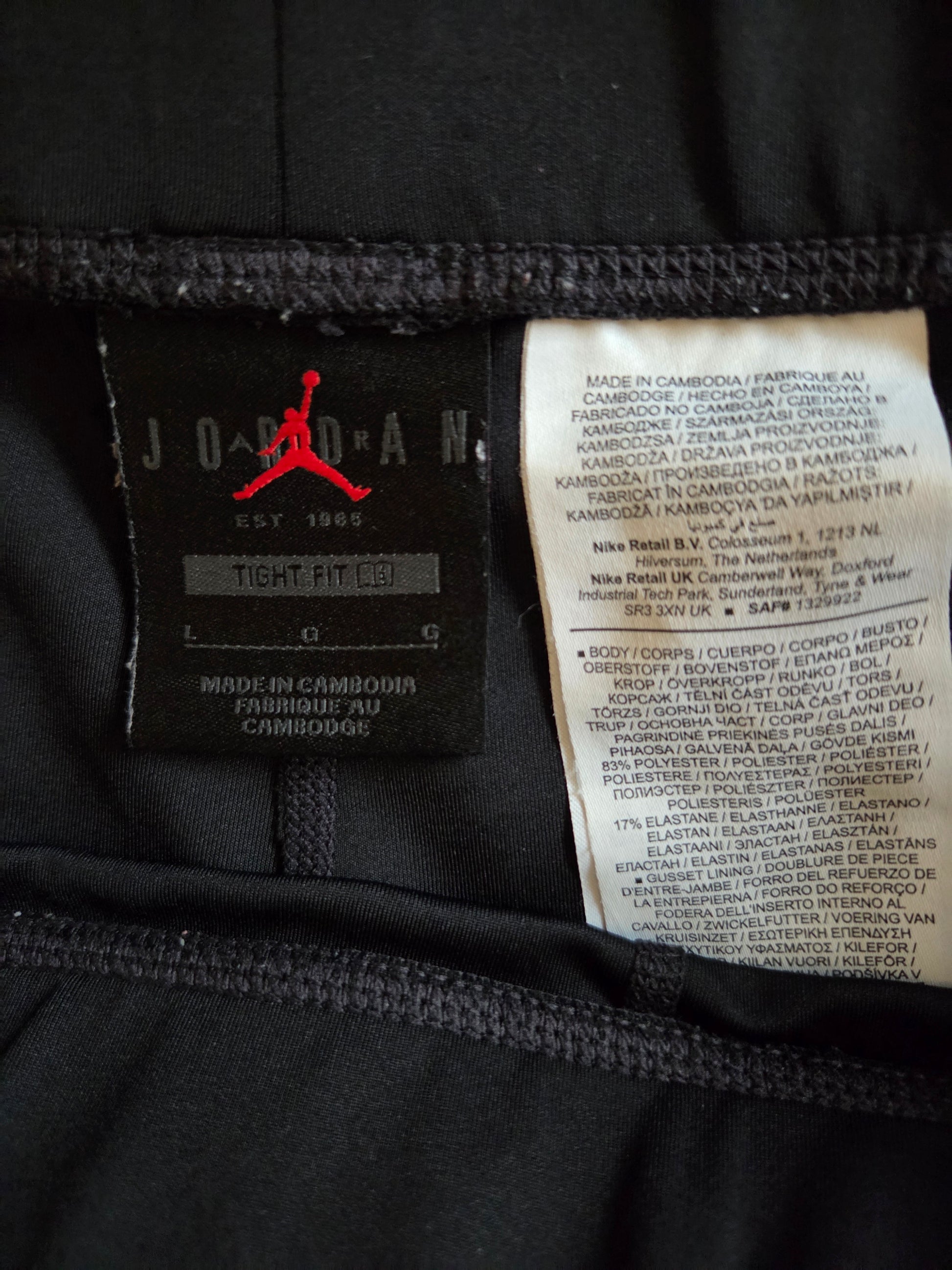 Close-up of a Jordan brand size label 