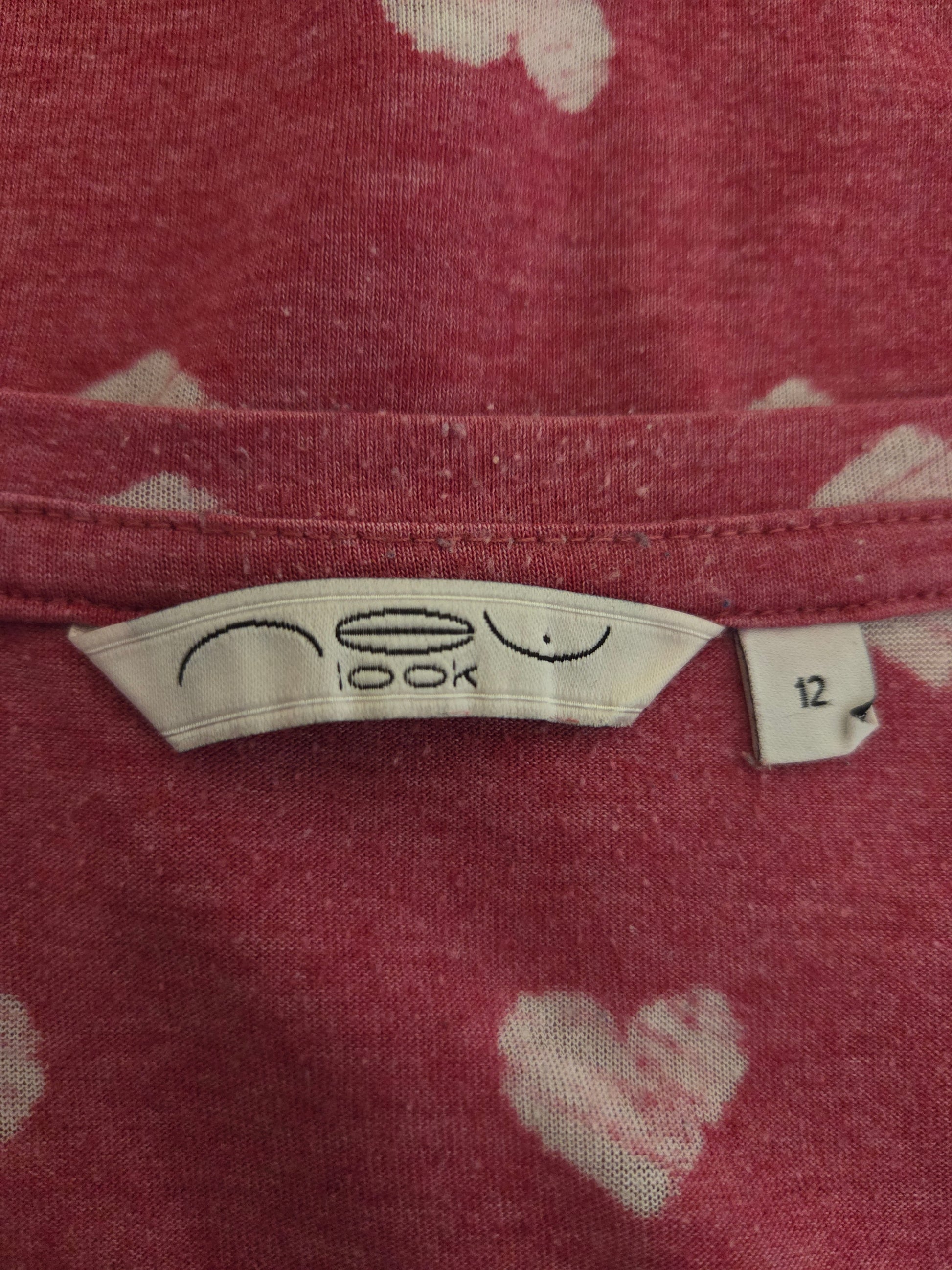 Close-up of a size label on a red heart patterned fabric