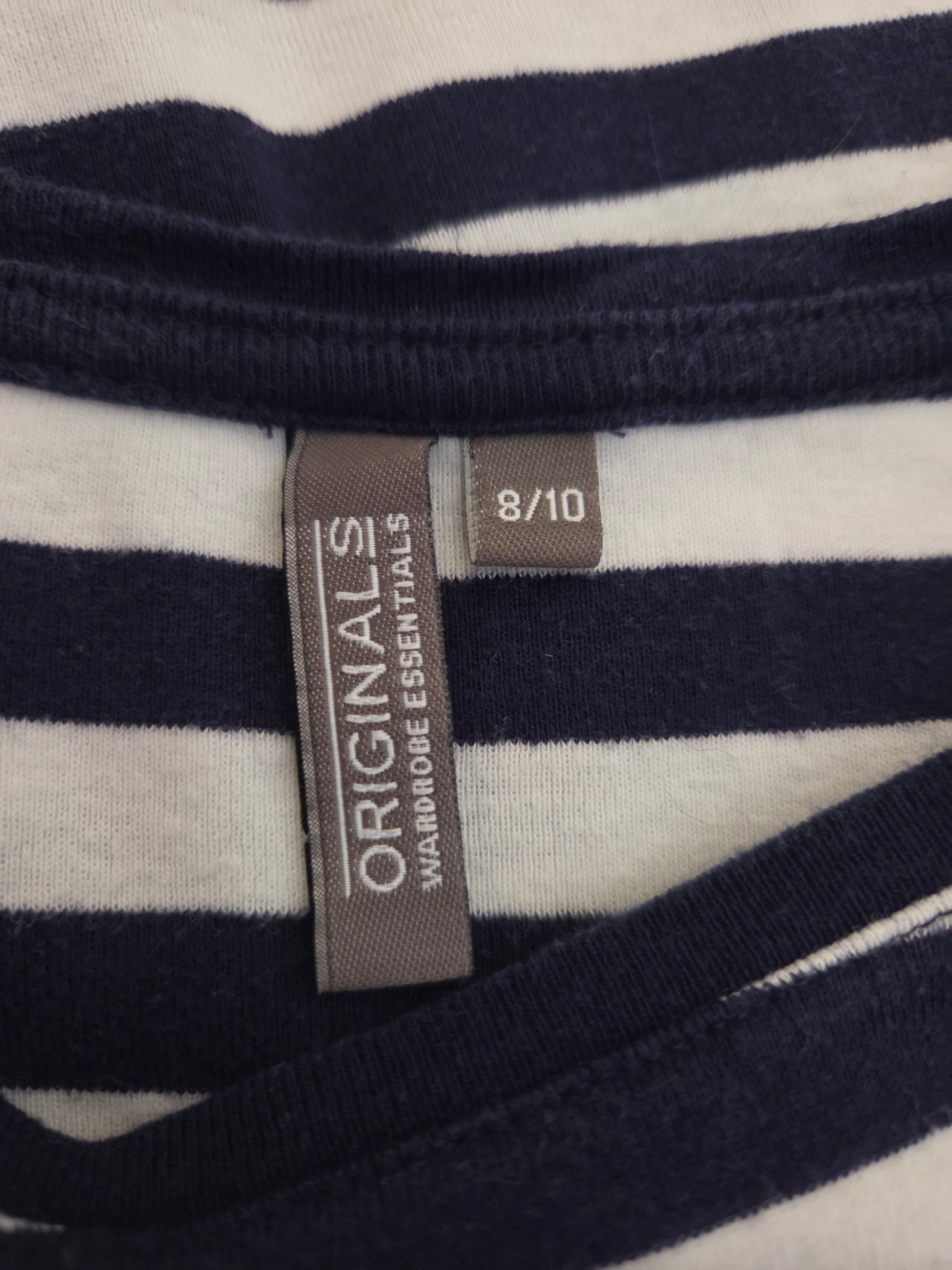 Close-up of a striped garment with a size label 
