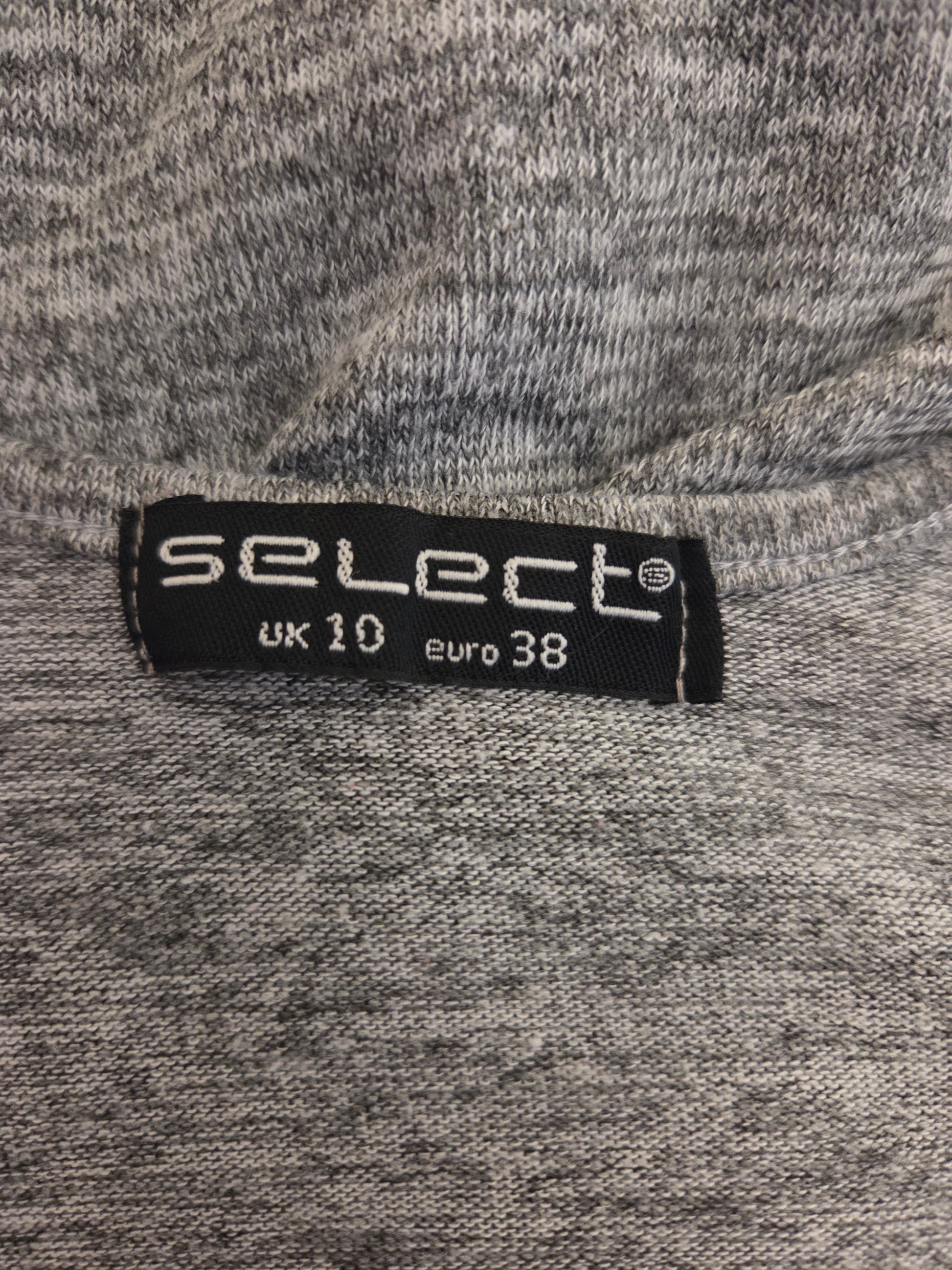 Gray fabric with a 'select' label showing size UK 10 and Euro 38.