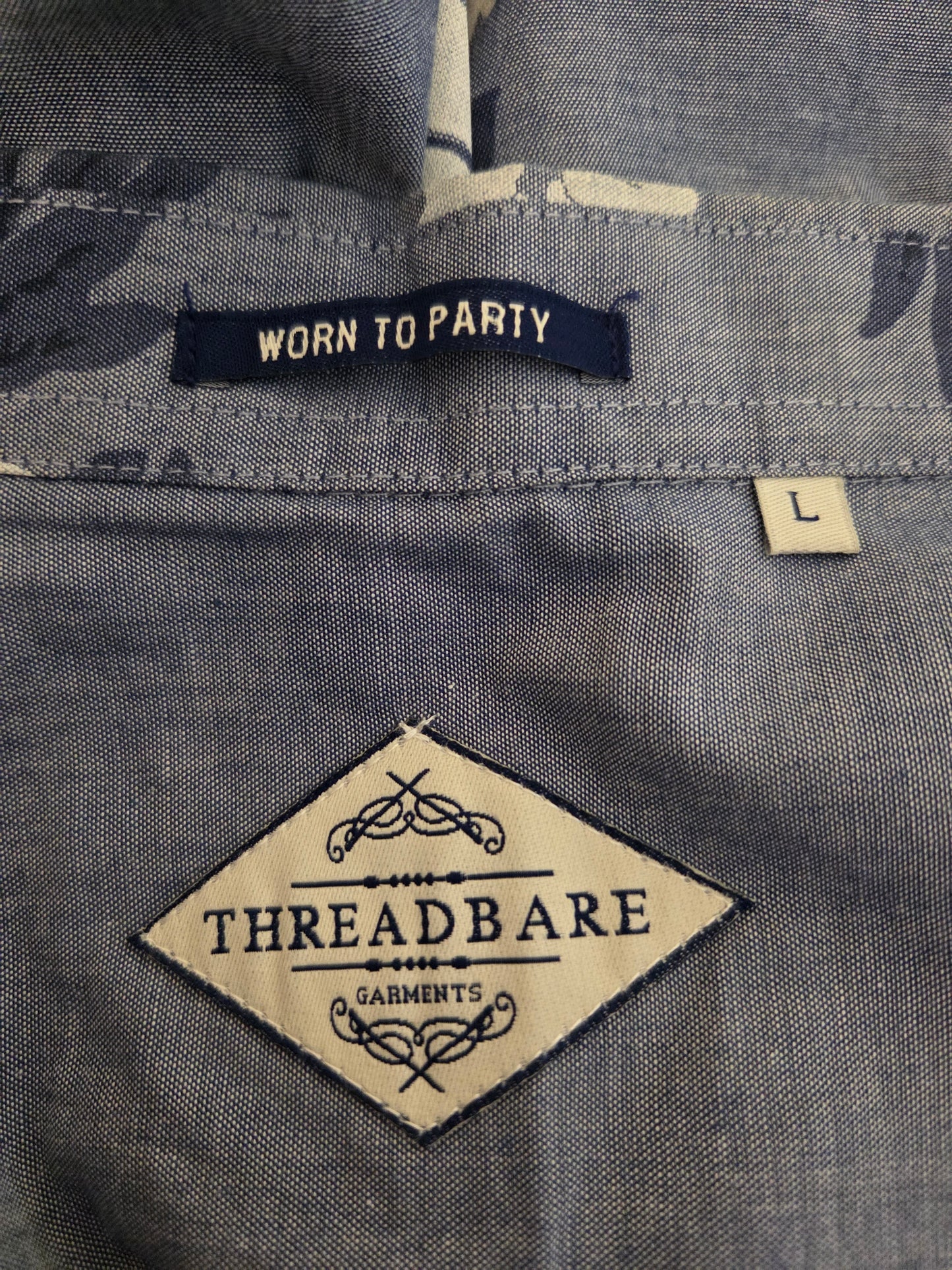 Threadbare label on a gray shirt with 'Worn to Party' tag.