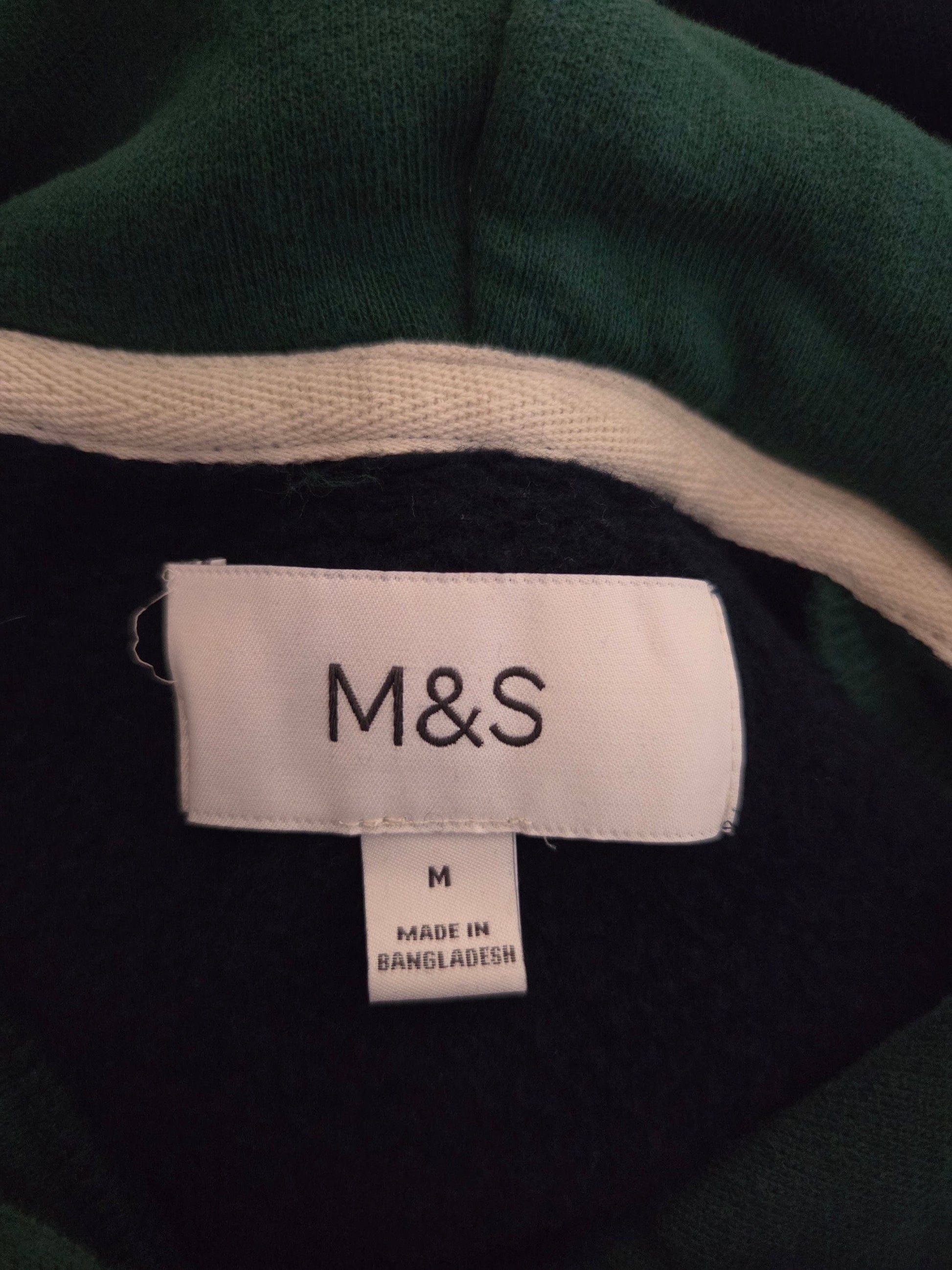 M&S navy and green pullover hoodie label inside