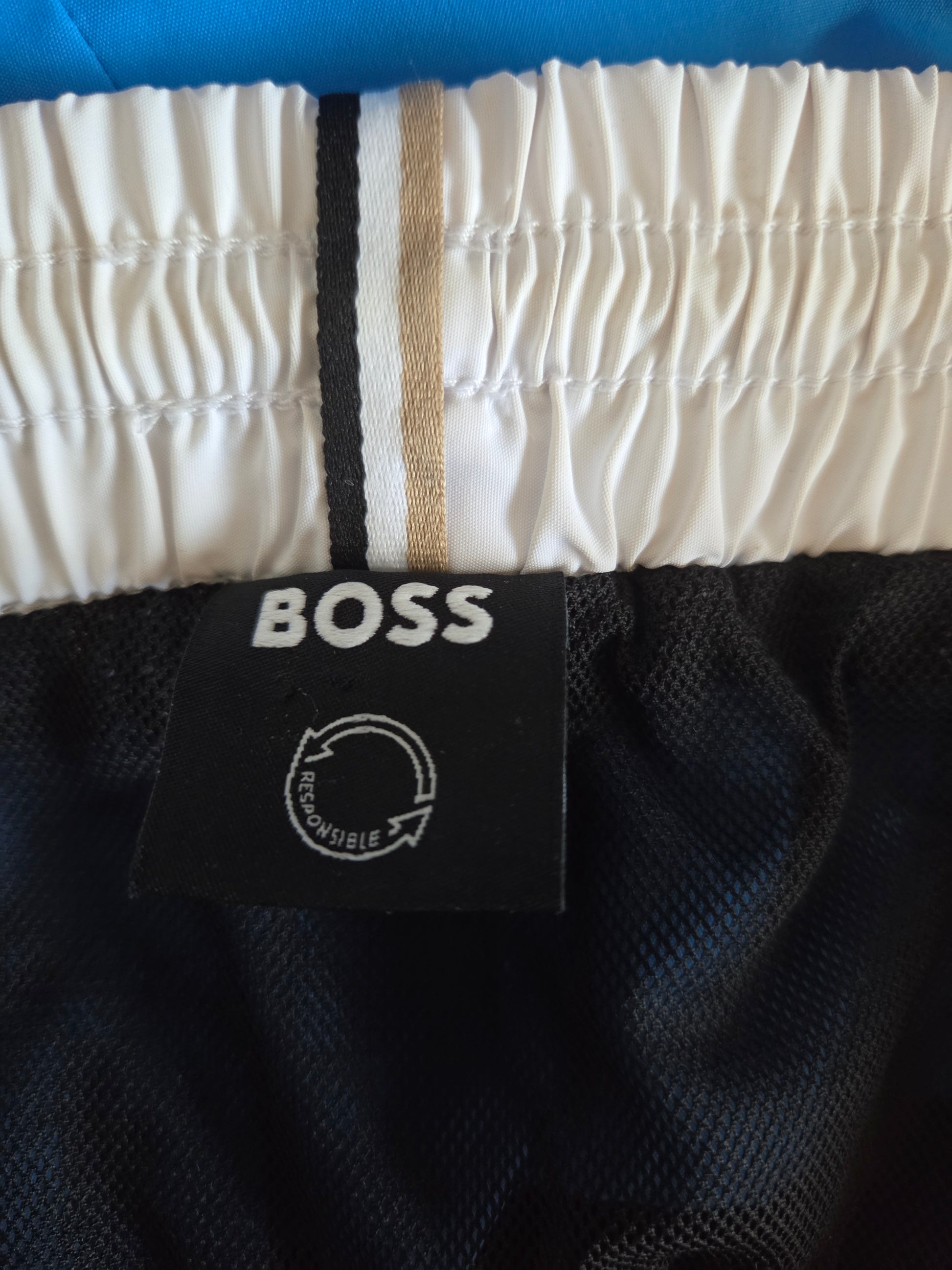 Close-up of a BOSS label on a textured fabric background