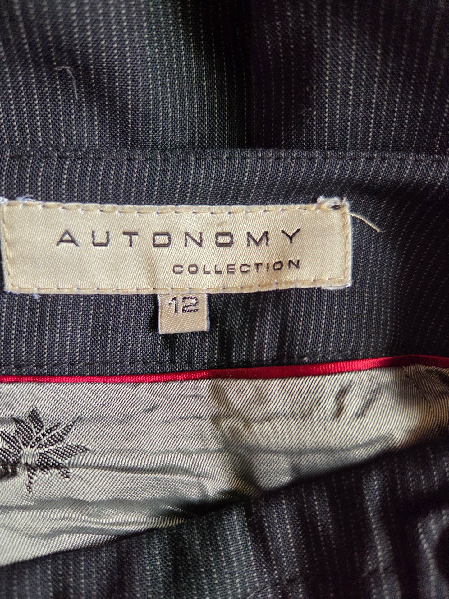 Close-up of a clothing label on a garment with 'Autonomy Collection' branding.