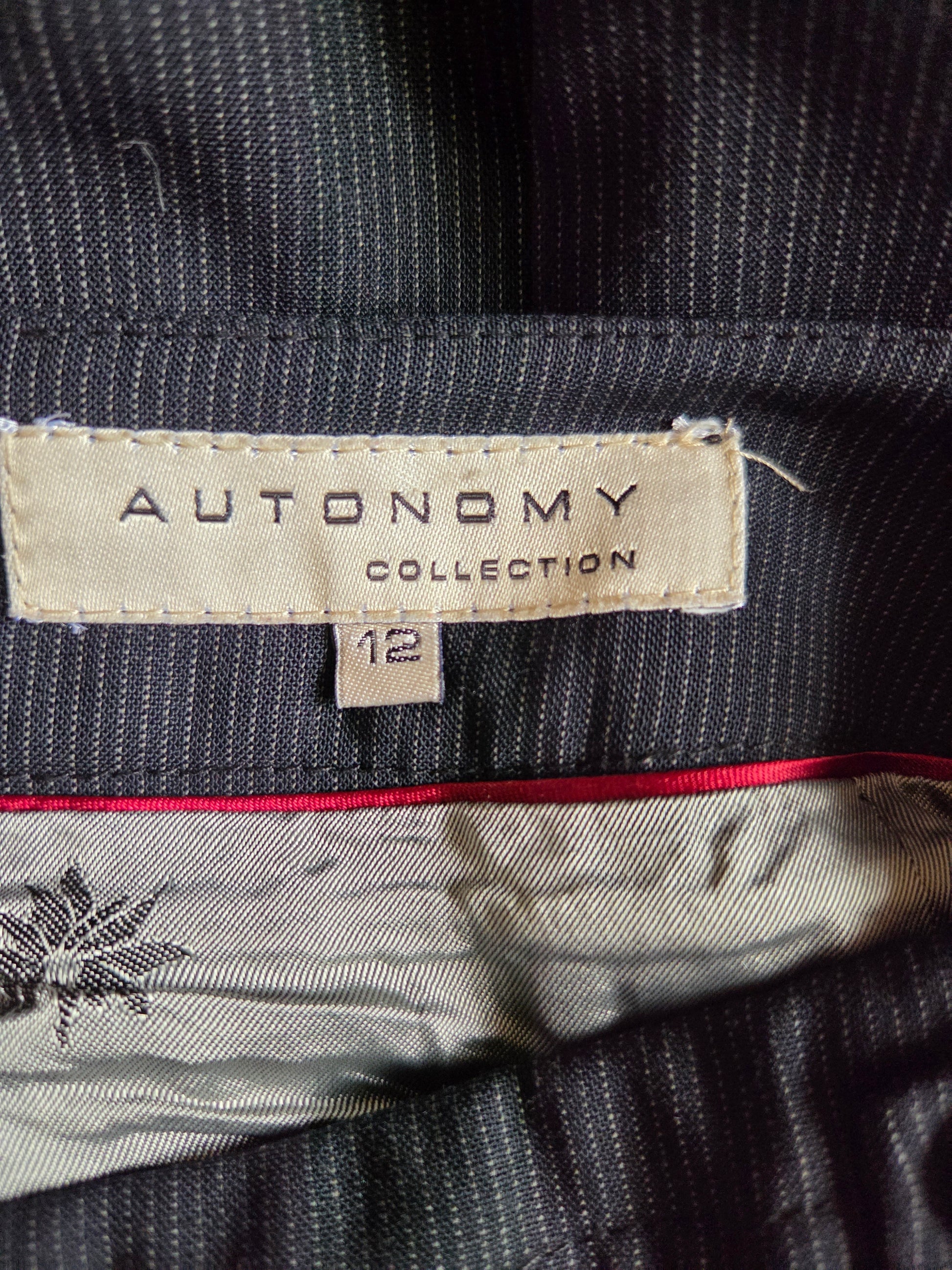 Close-up of a clothing label on a garment with 'Autonomy Collection' branding.