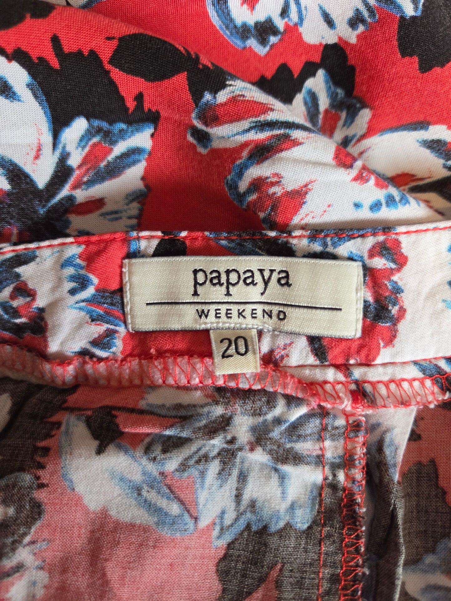 Floral-patterned shorts with 'papaya' size label 