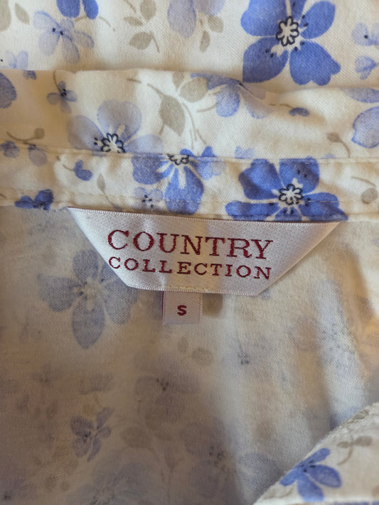 Country Collection Floral Collared Top – Short Sleeve – Blue & White – Size - UK-Small