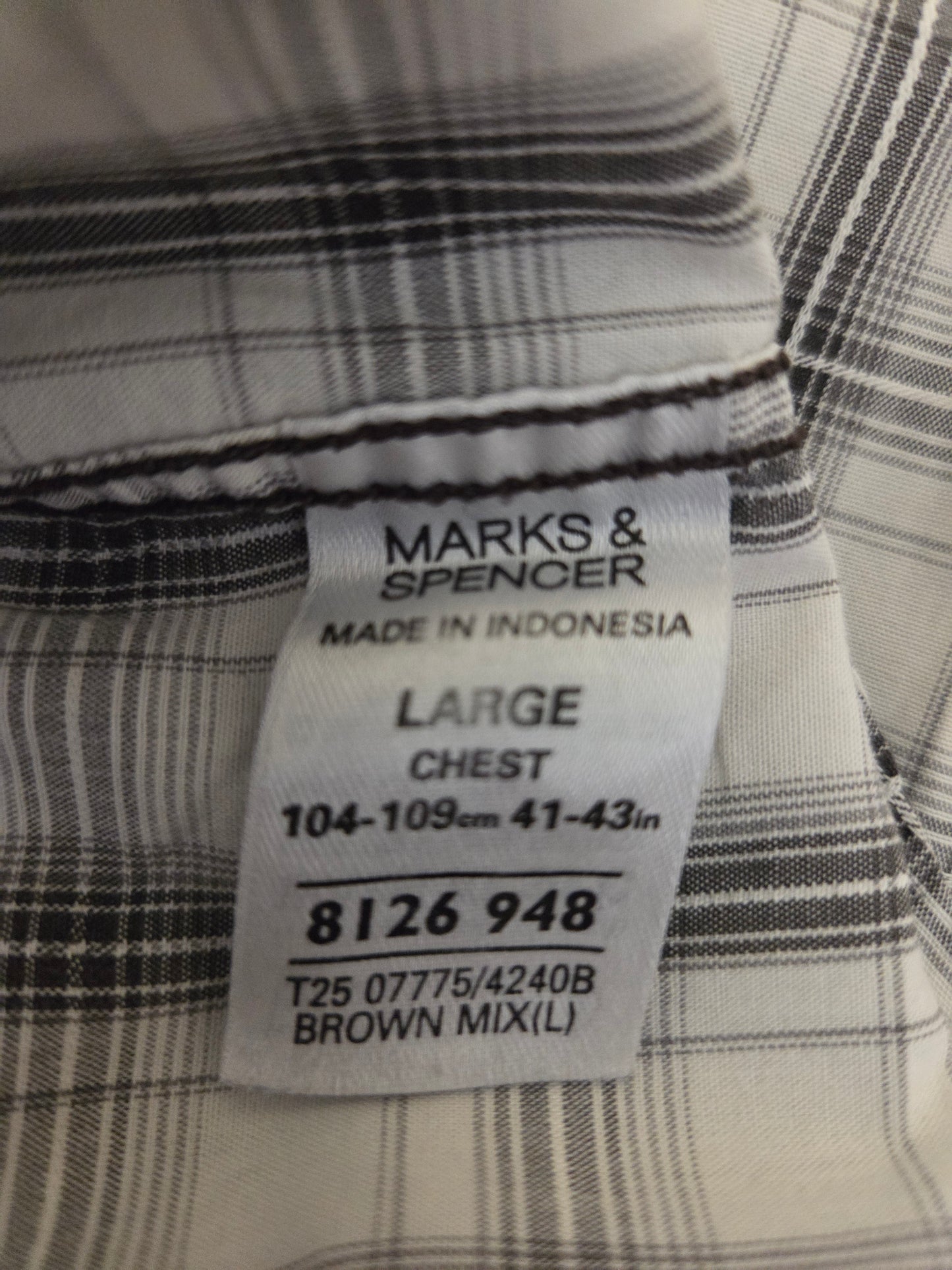 Back view of grey and white check short sleeve shirt for men