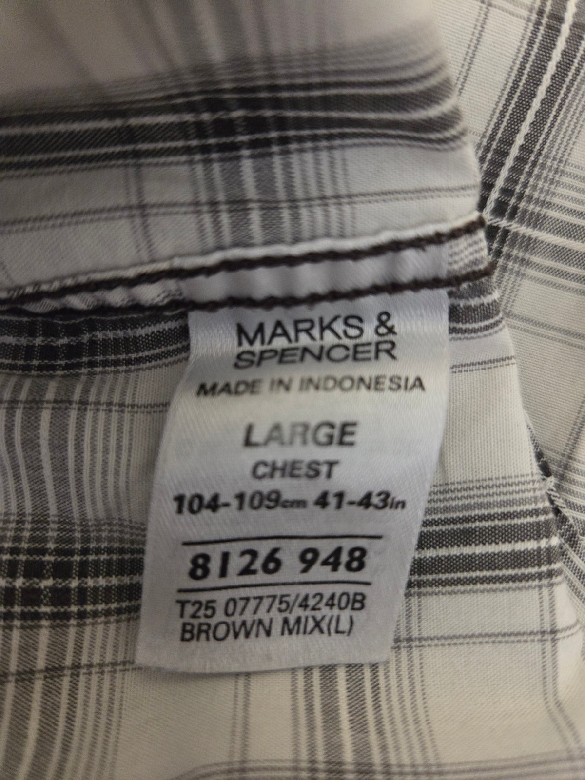 Back view of grey and white check short sleeve shirt for men