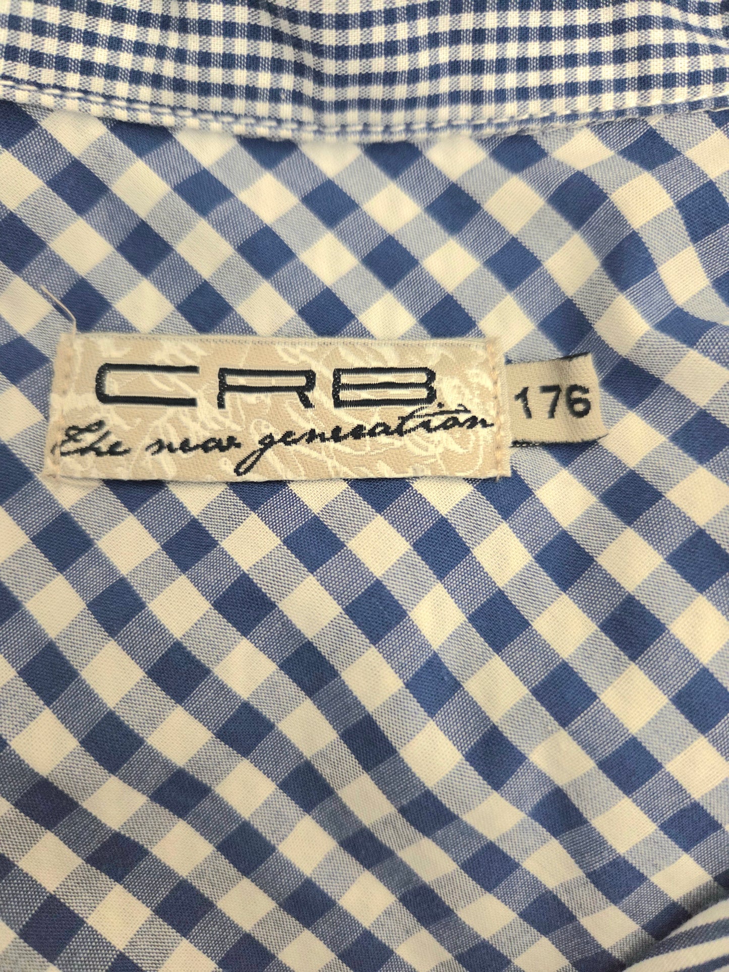 CRB blue and white checkered shirt label with size 176