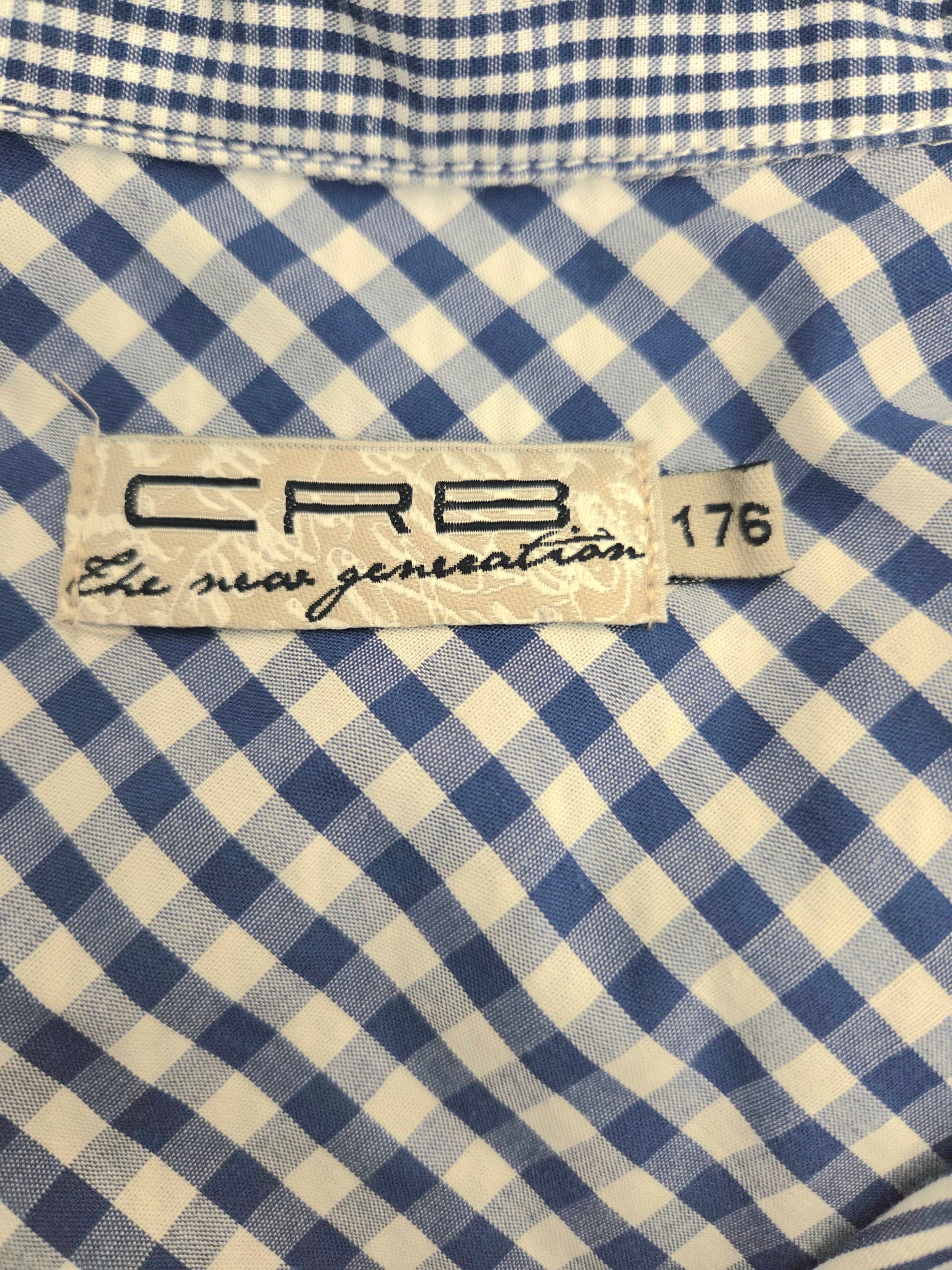 CRB blue and white checkered shirt label with size 176