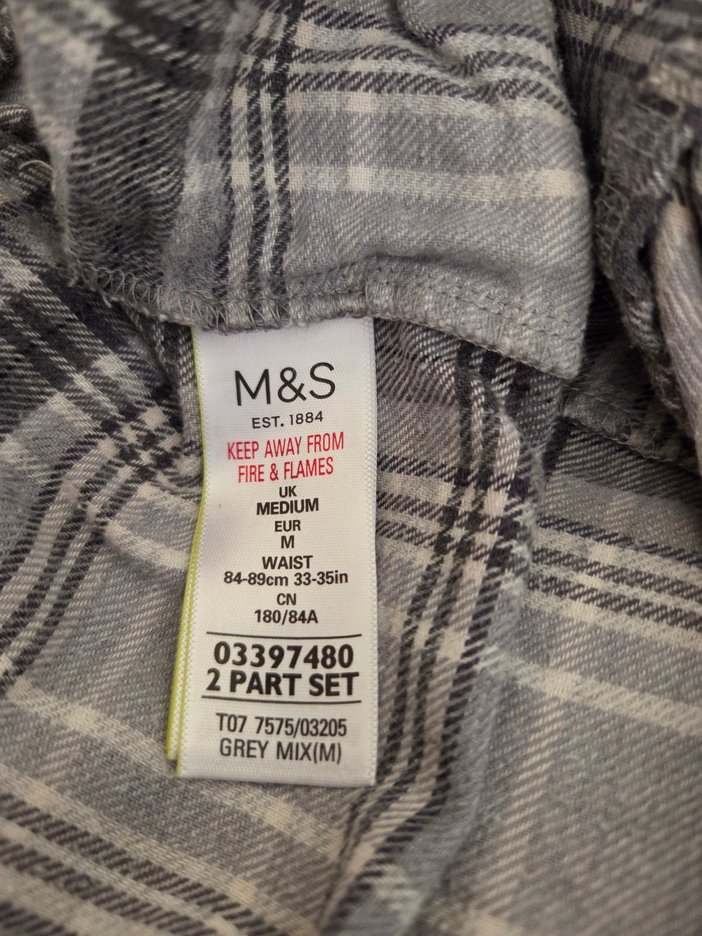 M&S grey check pyjama bottoms UK Medium pre-love clothing size tag