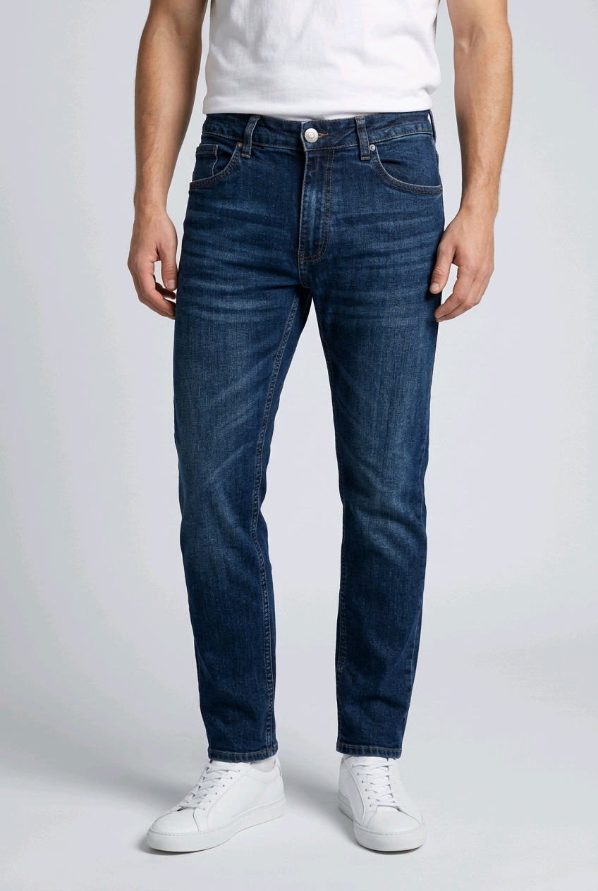 Man wearing a pair of blue jeans with a white t shirt
