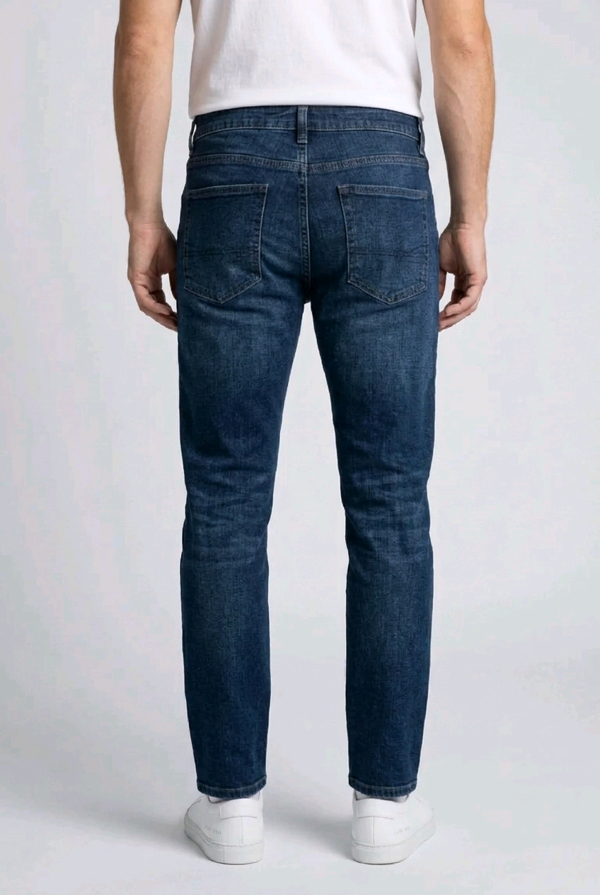 Man wearing blue jeans and a white t shirt