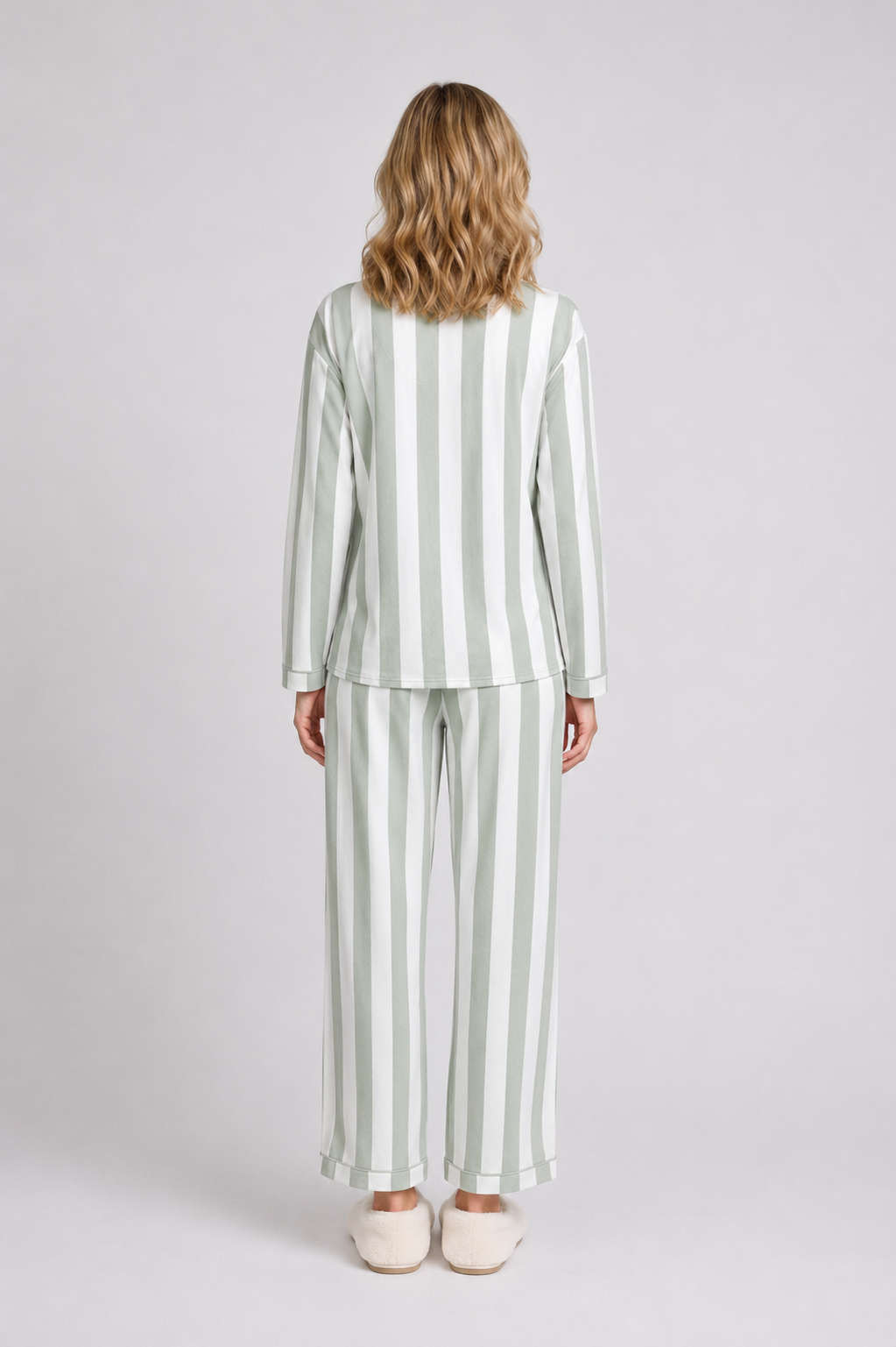 Striped White & Green Velour Style Pyjama Set Size -10-12