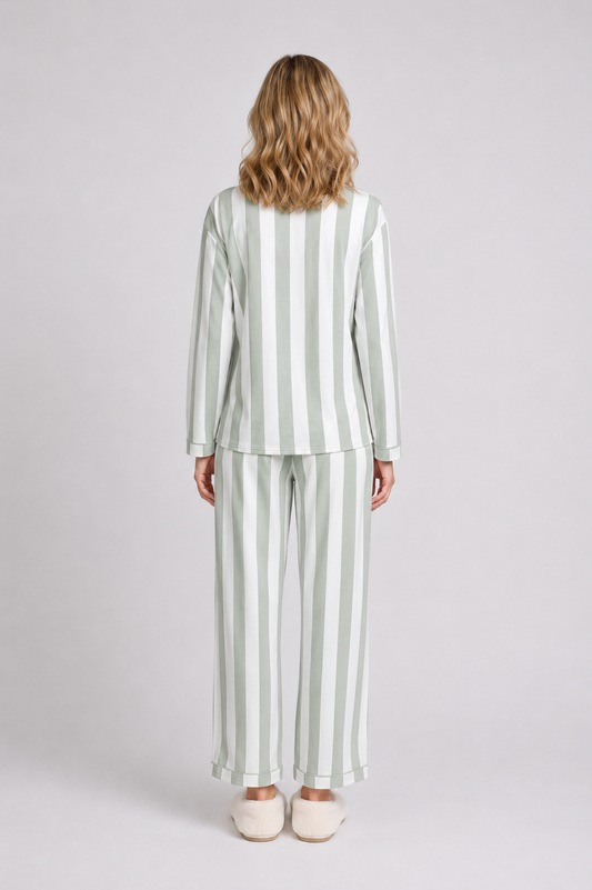 Striped White & Green Velour Style Pyjama Set Size -10-12