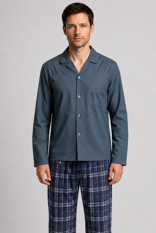 Man wearing a teal pyjama long sleeve top