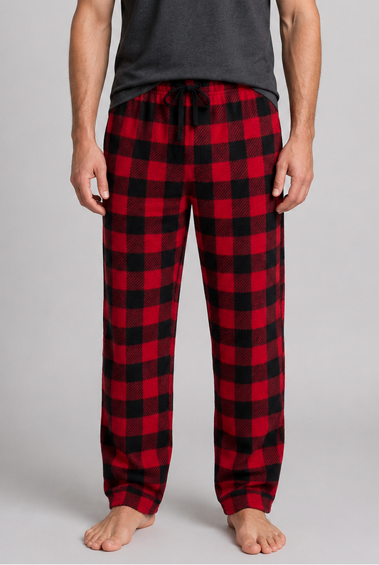 Men's red and black check pajama bottoms with drawstring waist