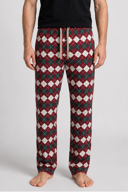 Man wearing checked pyjama bottoms