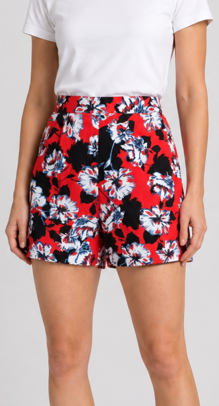 Person wearing red floral shorts 