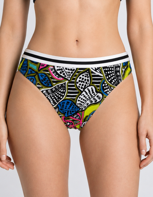 Women wearing colorful patterned bikini bottoms