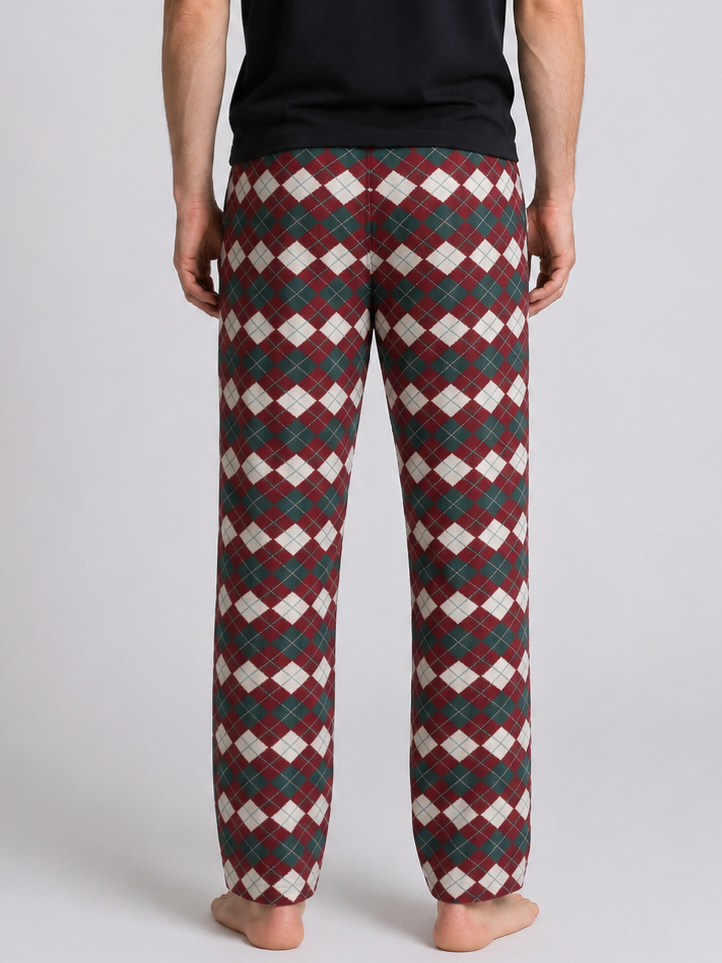 Man wearing red and green argyle patterned pants 
