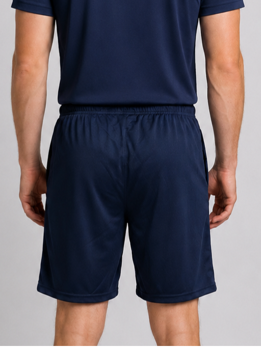 Navy short and navy shirt back view