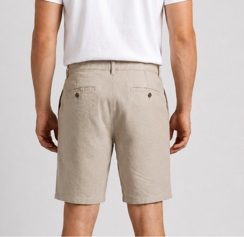 Man wearing beige shorts and a white t shirt