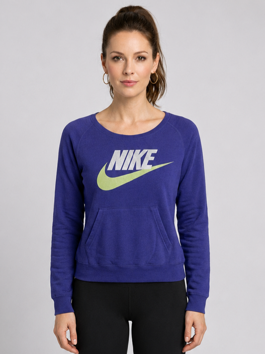 Woman wearing a blue Nike sweatshirt 