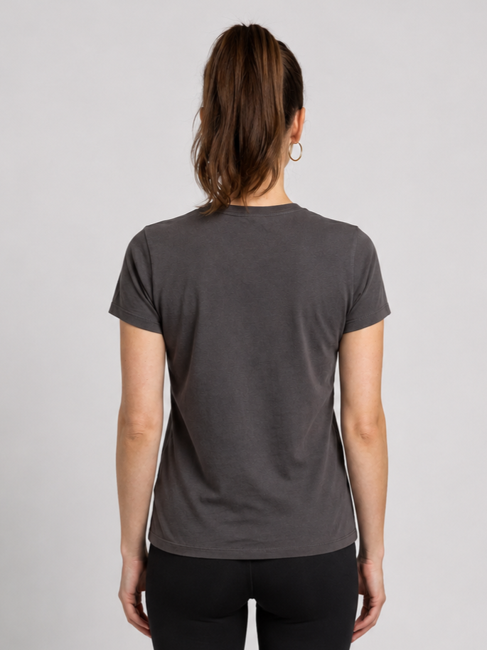 Woman wearing a plain dark grey t-shirt 