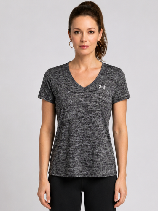 Woman wearing a gray Under Armour t-shirt 
