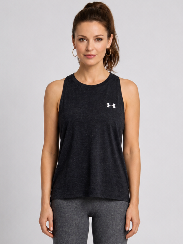Woman wearing a black under armour tank top 