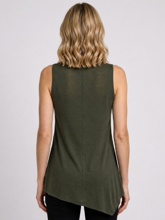 Woman wearing a green sleeveless top 