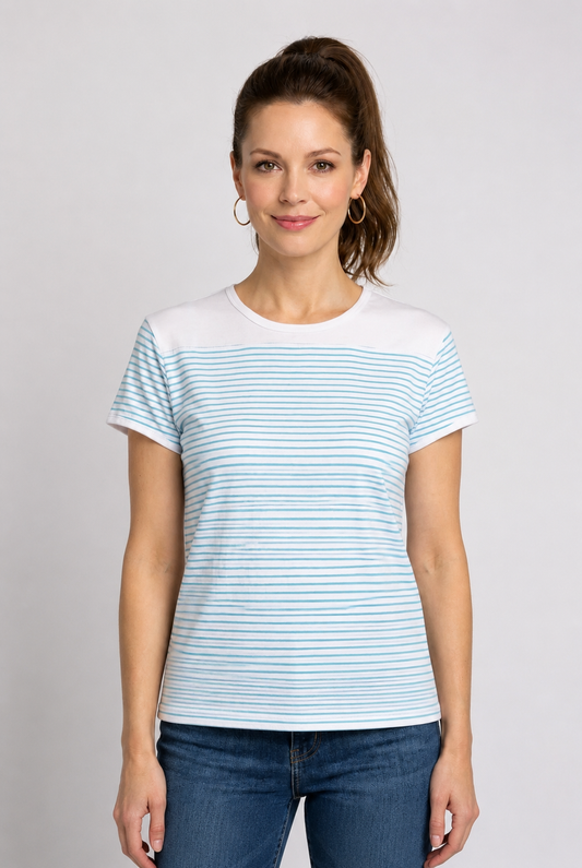 Woman wearing a white and blue striped t-shirt 