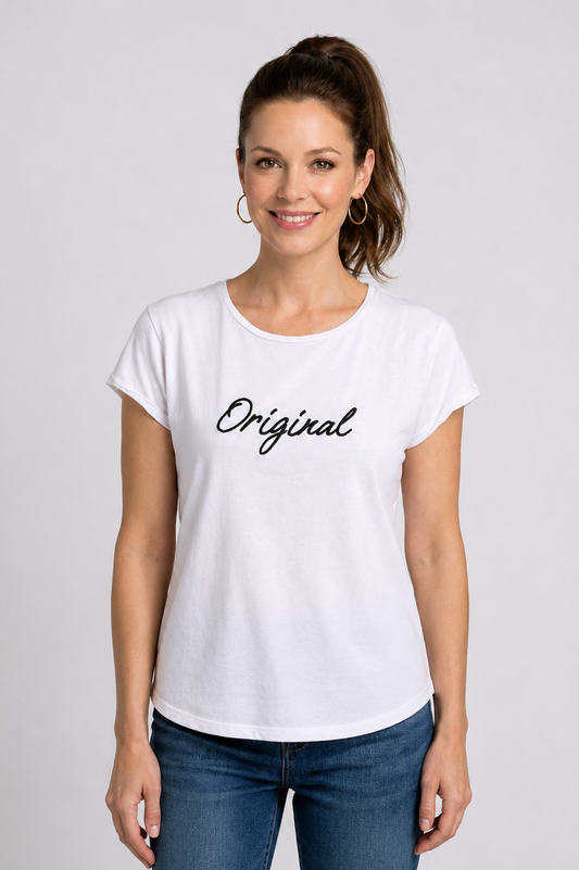 Woman wearing a white t-shirt with 'Original' text on 
