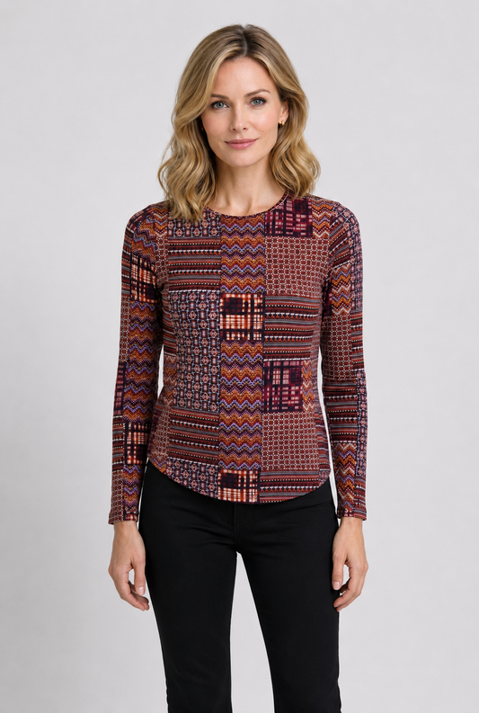 Woman wearing a patterned long-sleeve top