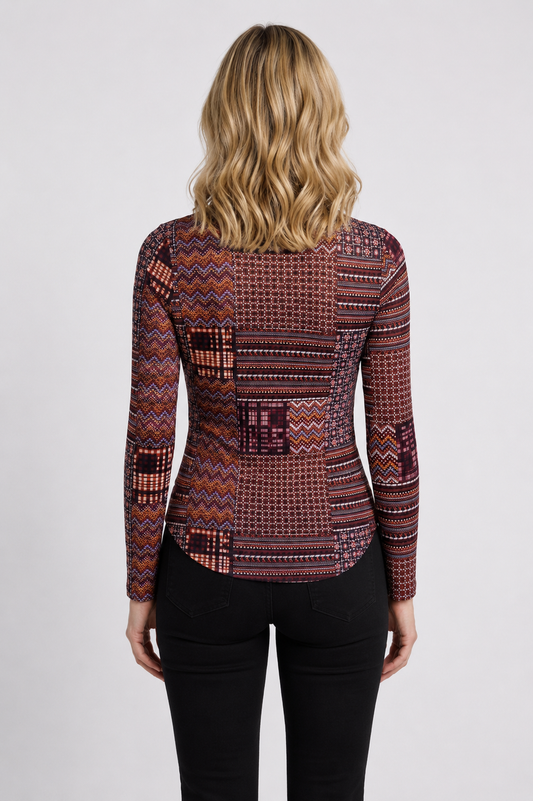 Woman wearing a patterned long-sleeve top 
