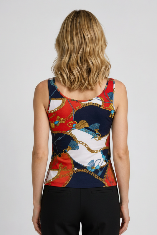 Woman wearing a colorful sleeveless top with a geometric pattern 